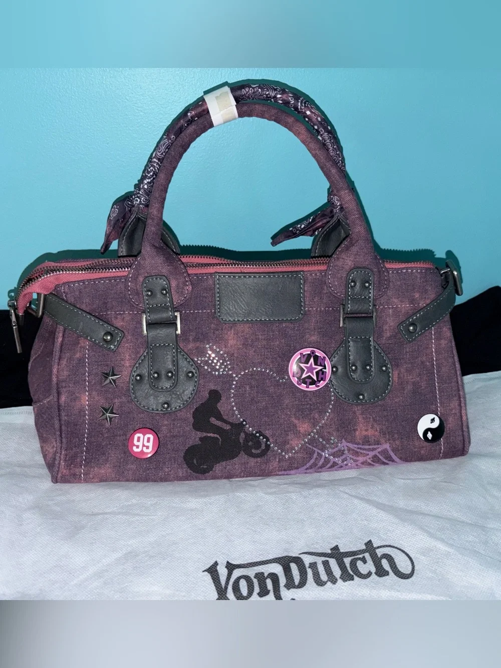 Von Dutch Bree Purple Pink Handbag with Lock, Twilly, and Pins NWT